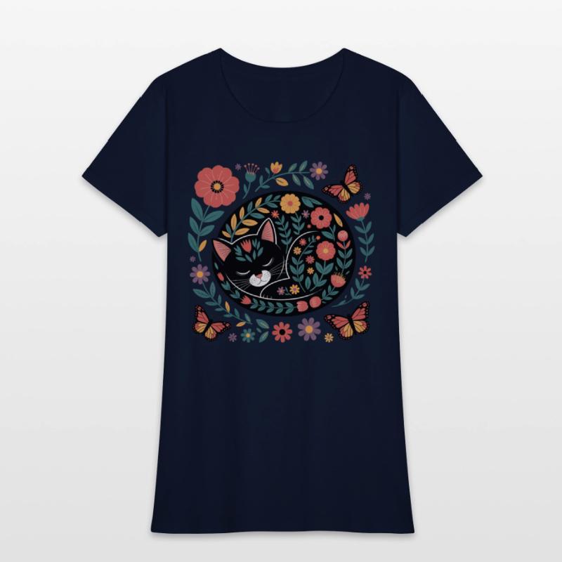Whimsical Floral Sleeping Cat Art