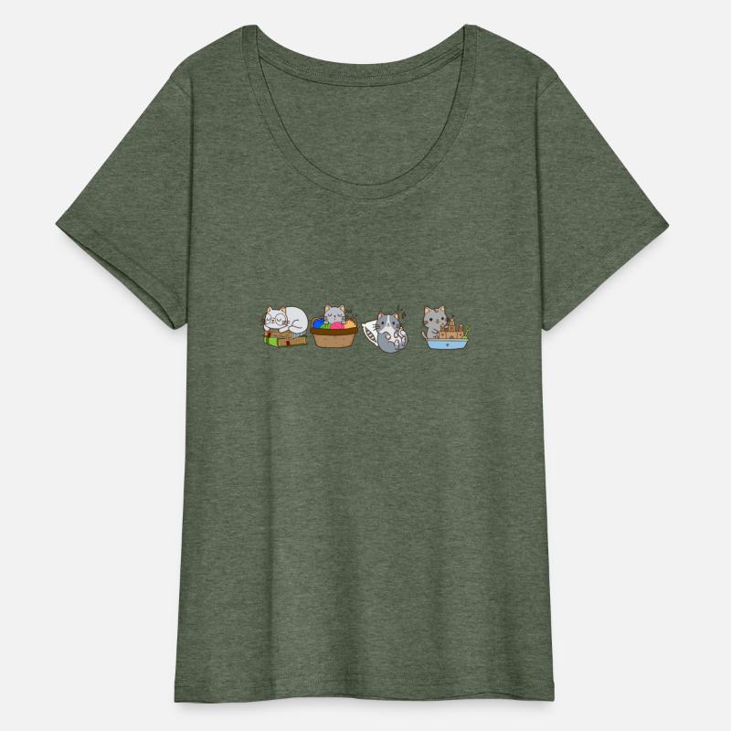 Three cats sleep and one play sandbox