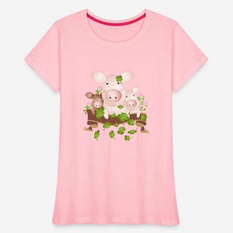 three lucky pigs with four-leaf clovers