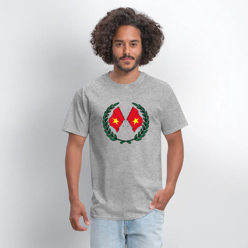 Two flags of Vietnam in green laurel wreath