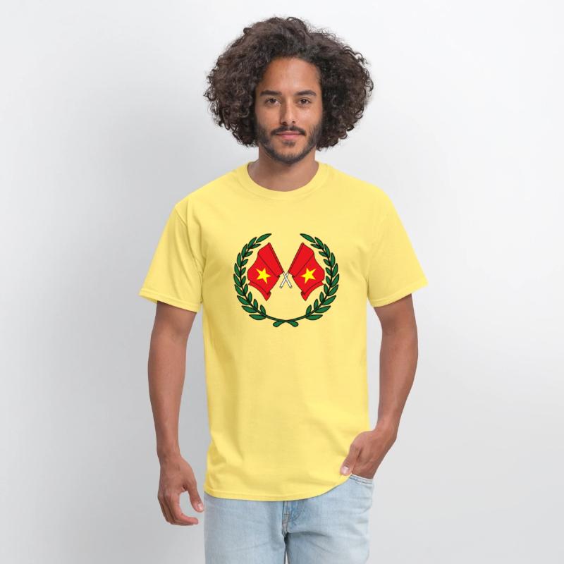 Two flags of Vietnam in green laurel wreath