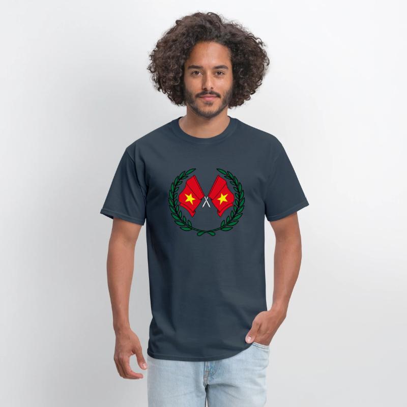 Two flags of Vietnam in green laurel wreath
