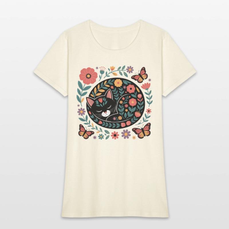 Whimsical Floral Sleeping Cat Art