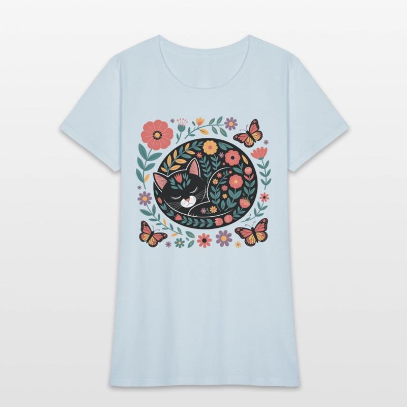 Whimsical Floral Sleeping Cat Art
