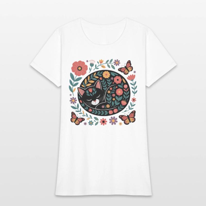Whimsical Floral Sleeping Cat Art
