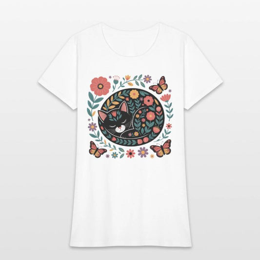 Whimsical Floral Sleeping Cat Art