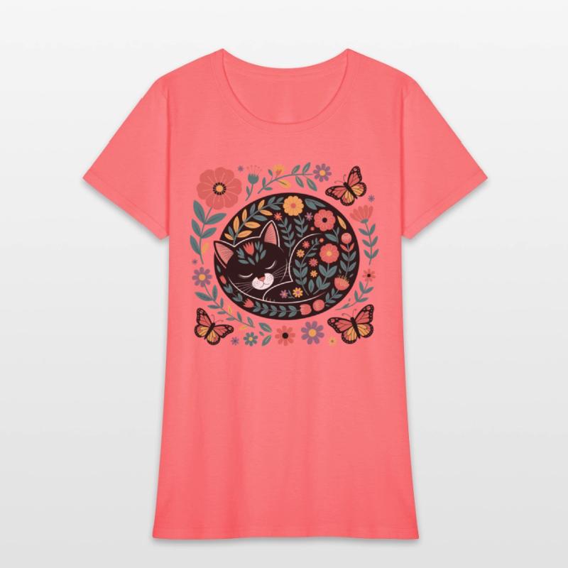Whimsical Floral Sleeping Cat Art