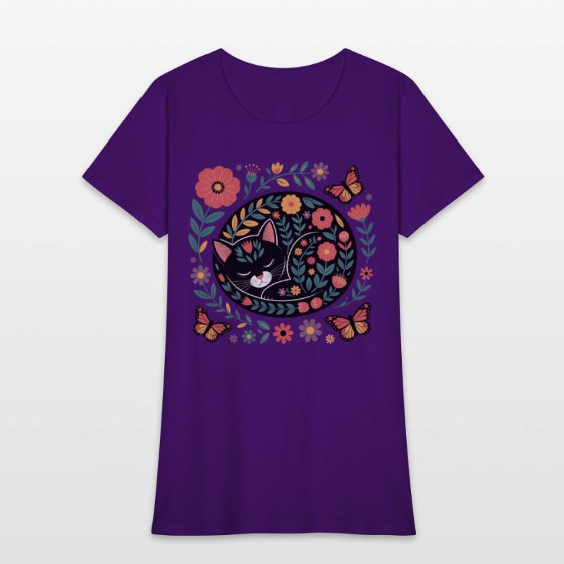Whimsical Floral Sleeping Cat Art