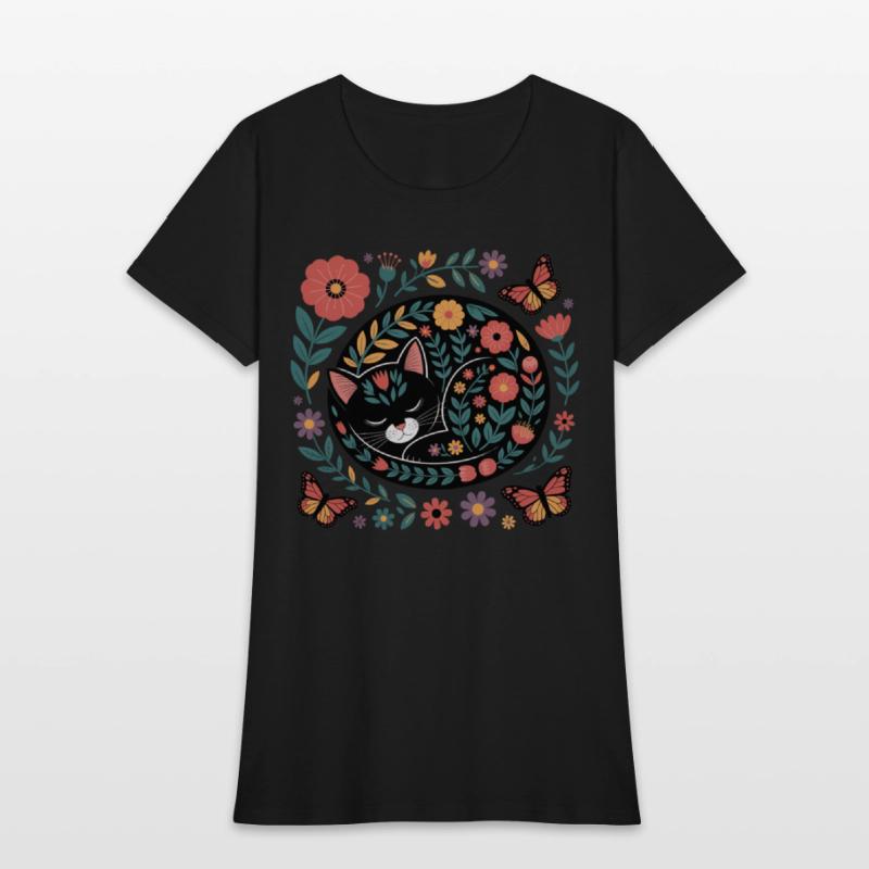 Whimsical Floral Sleeping Cat Art