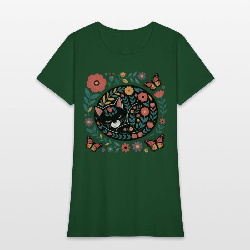 Whimsical Floral Sleeping Cat Art