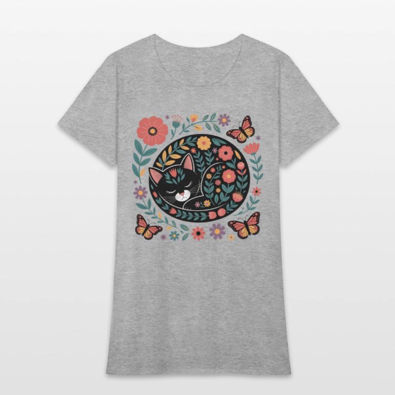 Whimsical Floral Sleeping Cat Art