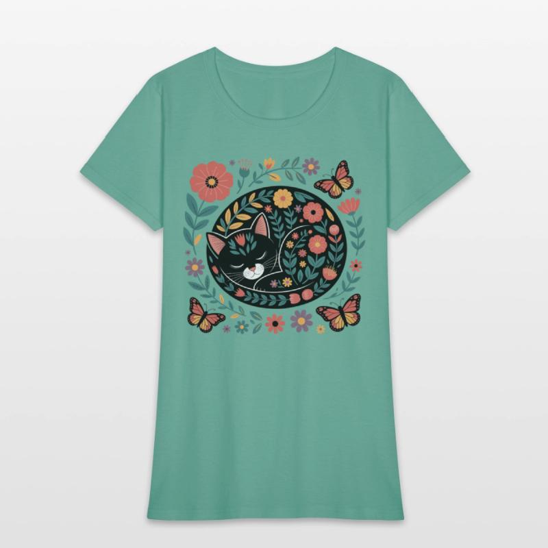 Whimsical Floral Sleeping Cat Art