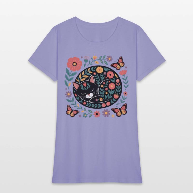 Whimsical Floral Sleeping Cat Art