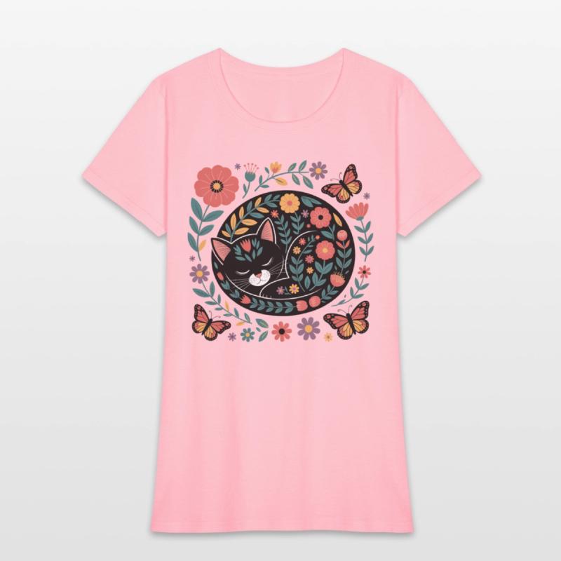 Whimsical Floral Sleeping Cat Art