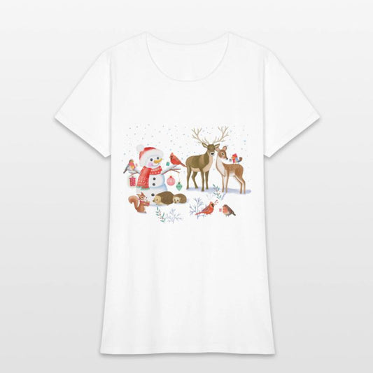 Winter fairytale with snowman and forest animals