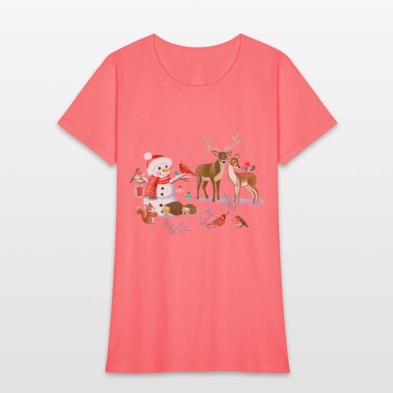 Winter fairytale with snowman and forest animals