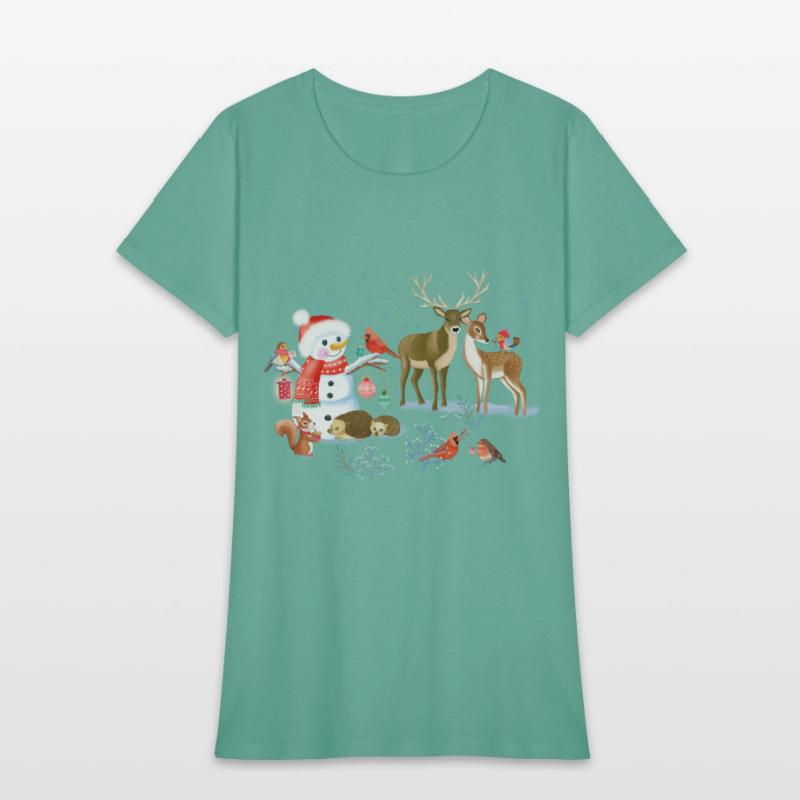 Winter fairytale with snowman and forest animals